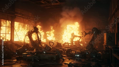 Robotics Lab Fire in Orange Glow, Industrial Ruin