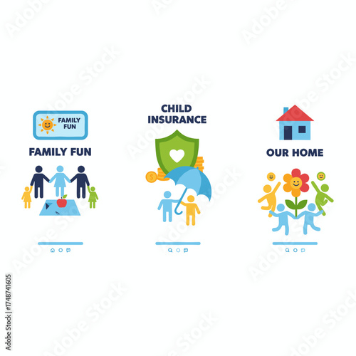 A collection of web page templates tailored for family activities, children's insurance, and joyful households, featuring contemporary vector illustration ideas for both web and mobile site