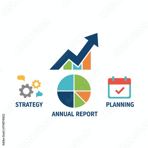 Illustration of a business concept: a vector depiction of business planning, strategy, and annual reporting, along with a creative design for web banners, social media banners, business