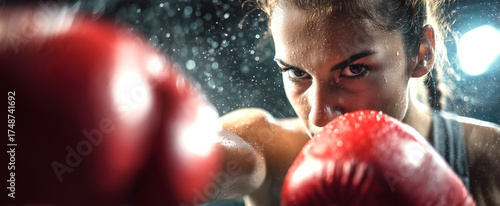 Combate de boxeo en acción, con tensión visual, energía atlética y estética de deporte competitivo.boxeadores en ring, uno en guardia y otro atacando, luz dramática y movimiento intenso.
