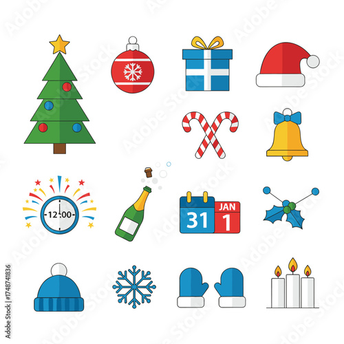 A collection of flat‑design Christmas and New Year icons, ready for use on websites, print templates, presentations, promotional materials, infographics, and web or mobile app services