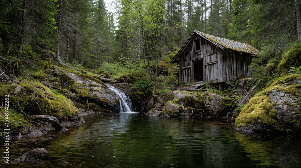 Obraz premium Forest Waterfall with Rustic Cabin and Greenery