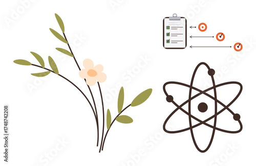 Delicate flower sprig, atom model with electrons, checklist and progress arrows representing nature, science, planning, research, education, sustainability innovation. Ideal for clean flat metaphor