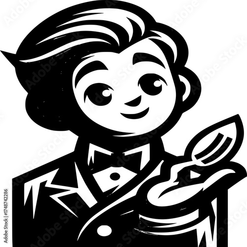 Magic Performer: A charming illustration of a magician in a classic suit and bow tie, skillfully presenting a magic trick with a sleek, stylized design.