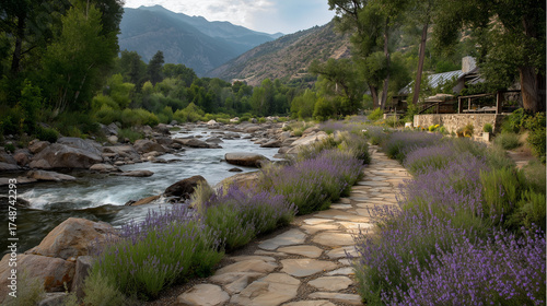Mountain River with Lavender Flowers and Scenic Path
