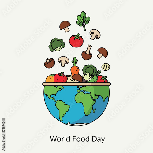 Illustration of a globe with a bowl of diverse vegetables and mushrooms rising out of it, symbolizing World Food Day with a colorful and vibrant composition.