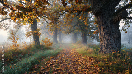 Moody Autumn Scene in a Foggy Park