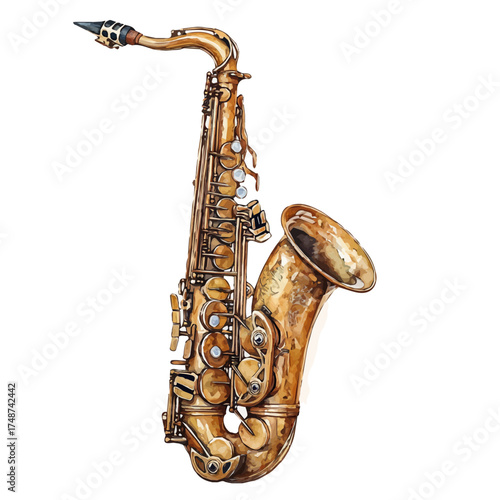 Saxophone, watercolor painting vector, isolated on a white background.