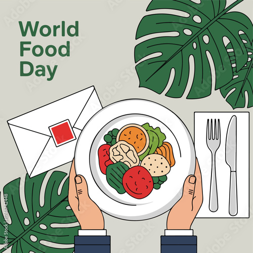 Flat lay of hands holding a plate with various foods, utensils, and an envelope on a table with tropical leaves, celebrating World Food Day.