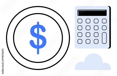Dollar coin, digital calculator, and cloud icon convey financial management, budgeting, cloud computing, cost efficiency, online finance, economic planning. Ideal for fintech accounting cloud tech