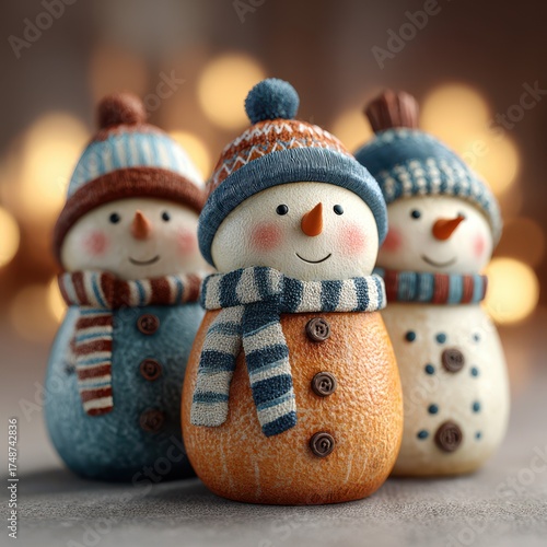 Three cheerful snowmen with colorful scarves and hats gathered in a festive winter setting