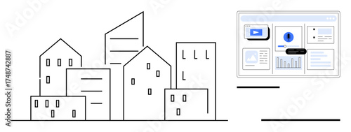 Simplified city skyline paired with a data dashboard displaying graphs, charts, and key metrics. Ideal for urban planning, real estate, data analytics, innovation, technology, growth strategy