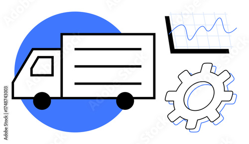 Delivery truck alongside a line graph and gear icon symbolizing logistics, performance metrics, innovation, efficiency, analysis, process optimization, and automation. Ideal for transport, business
