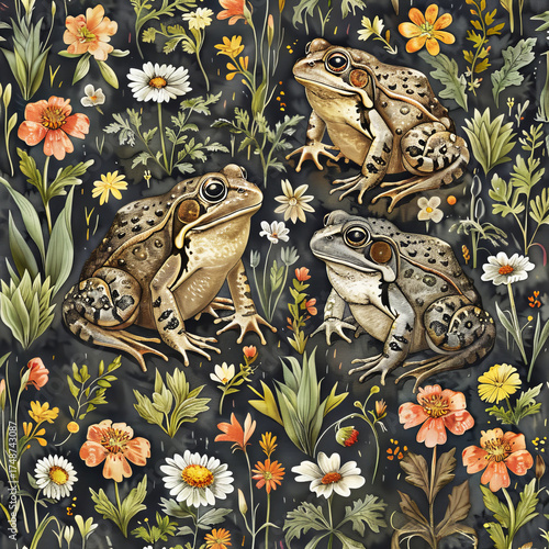 Seamless pattern of retro green and orange wildflowers with sheeted frogs for cottagecore fabric
