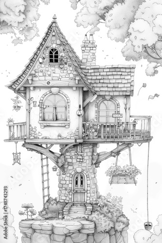 Unusual village house coloring page, black and white comic style with bold lines
