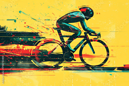 Vibrant retro futuristic cyclist race with bold colors, geometric shapes and dynamic composition