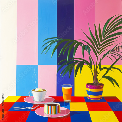 Vibrant breakfast scene with colorful cake, coffee, juice, and whimsical table decor, digital art