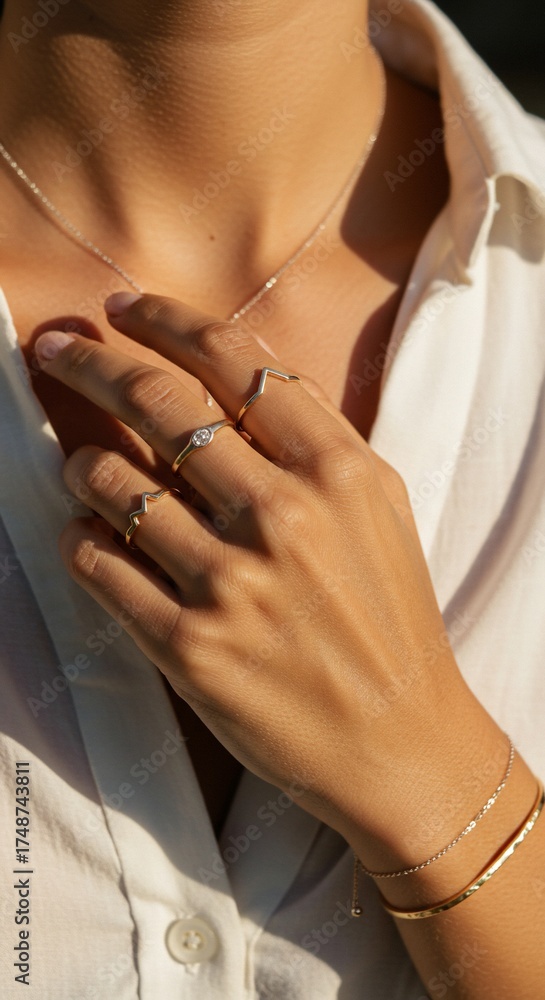 Fototapeta premium Elegance in Detail: A close-up shot captures the delicate beauty of a person adorned with exquisite jewelry, showcasing refined taste and timeless style.