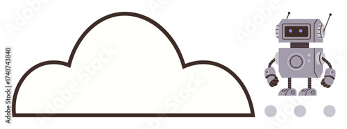 Robot standing next to a cloud shape and connection dots, representing cloud technology, AI, automation, data sharing, IoT, future innovation. Ideal for tech, networking science automation