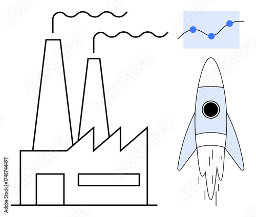 Factory emitting smoke, a data chart with upward trend, and a rocket launching upwards. Ideal for innovation, industrial growth, business strategy, future planning, economic progress, startup