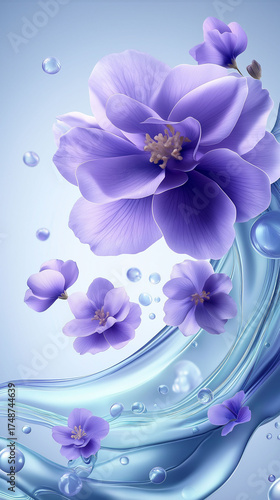 A beautiful purple flower with a blue background. The flower is surrounded by water droplets, giving it a dreamy and ethereal feel