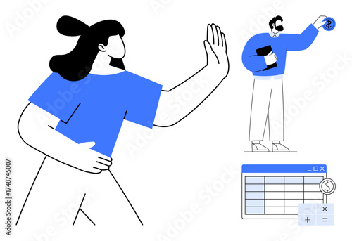 Woman gesturing refusal as a man proposes financial options beside a spreadsheet layout. Ideal for finance, budgeting, investment, rejection, decision-making, saving, and negotiation concepts