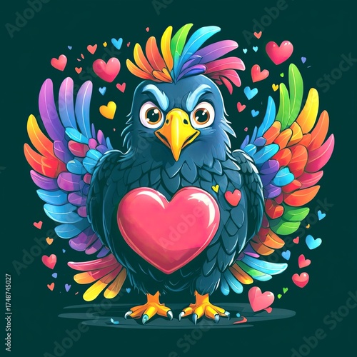 A cartoon bird with wings holds a big heart surrounded by smaller hearts