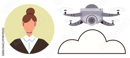Portrait of a woman in business attire, hovering quadcopter with propellers, and cloud outline. Ideal for technology, innovation, future, people, AI, Quadcopters and cloud computing simple flat