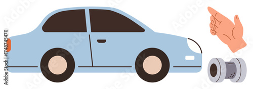 Blue sedan alongside pointing hand gesture and car component representing vehicle maintenance, mechanics, road safety, car repairs, service, automotive diagnostics, and easy navigation. Simple flat