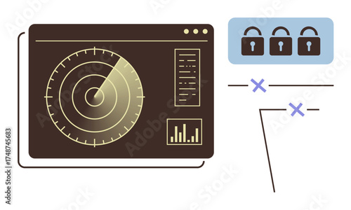 Radar screen with concentric circles and analysis elements, three padlocks representing security, and network links with markers. Ideal for cybersecurity, data protection, risk management