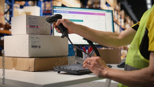 Photos Male depot worker scanning barcodes on packages in a warehouse, registering shipment details and tracking numbers on tags