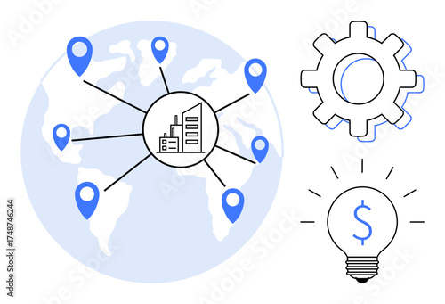 World map with industrial hub linking location marks, gear symbolizing processes, and lightbulb emphasizing economic innovation. Ideal for global trade, technology, networking, business, planning