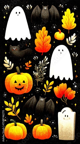 Fun and whimsical Halloween-themed illustration featuring ghosts, bats, pumpkins, and autumn leaves on a dark background - High Contrast