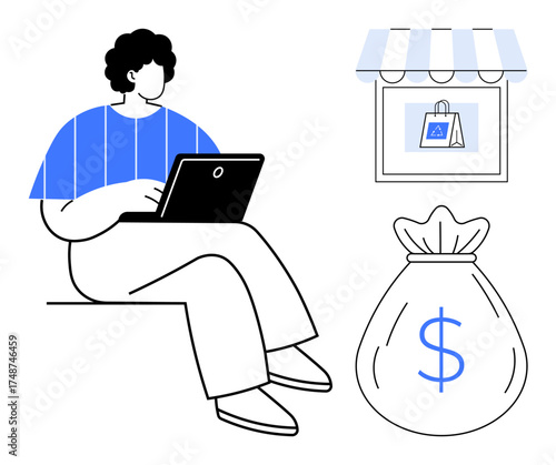 Person using laptop for online shopping and e-commerce, storefront with bag, money sack. Ideal for e-commerce, entrepreneurship, finance, digital marketing, small business, online stores passive