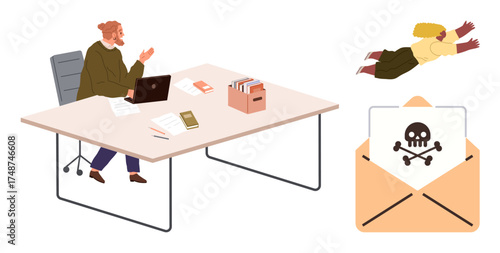 Person working on laptop at desk, open envelope with malware warning, individual flying to intervene. Ideal for cybersecurity, phishing, IT security, remote work, threat prevention, data protection
