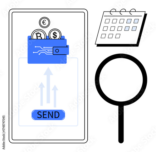Digital wallet transferring Bitcoin, Euro, and Dollar tokens via smartphone app. Magnifying glass and calendar suggest analysis, planning, and scheduling. Ideal for finance, fintech, cryptocurrency