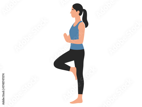 Black silhouette of woman practicing yoga in tree pose, side view, isolated on white background. concept of fitness, balance, meditation, exercise, healthy lifestyle, icon, flexibility