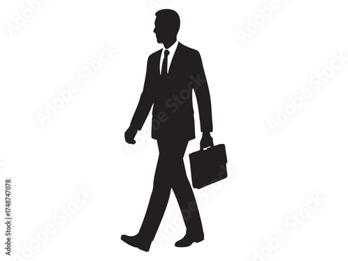 Black silhouette of man holding briefcase walking, isolated on white background. concept of business, professional, office work, corporate attire, career, icon, design element