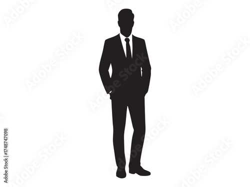 Black silhouette of business man in suit with hands in pockets, isolated on white background. concept of professional, executive, corporate, formal wear, icon, logo, design element