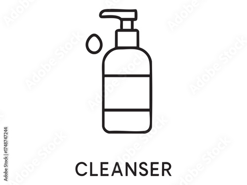 Black outline of liquid dispenser with cleanser text, isolated on white background. concept of icon, logo, hygiene product, personal care, skincare, design element