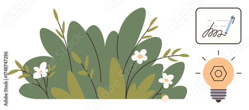 Lush green foliage with small white flowers, glowing lightbulb symbolizing ideas, and a pen signing document. Ideal for sustainability, innovation, growth, agreements, creativity, nature