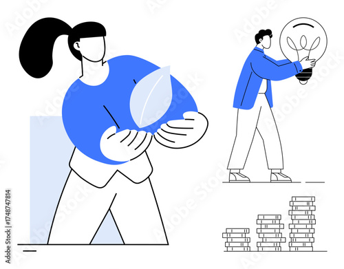 Woman holding a leaf, man with a light bulb, stacks of coins symbolizing eco-consciousness, innovation, and sustainability. Ideal for green energy, business concepts, teamwork, environment progress
