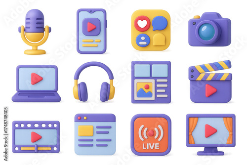 3D Storytelling Icons. Modern Storytelling set of icons in 3D color style: podcast microphone, smartphone, social media icons, camera, laptop,