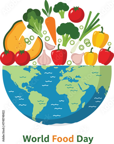 Flat illustration of a globe topped with various colorful vegetables and fruits on a clean white background celebrating World Food Day