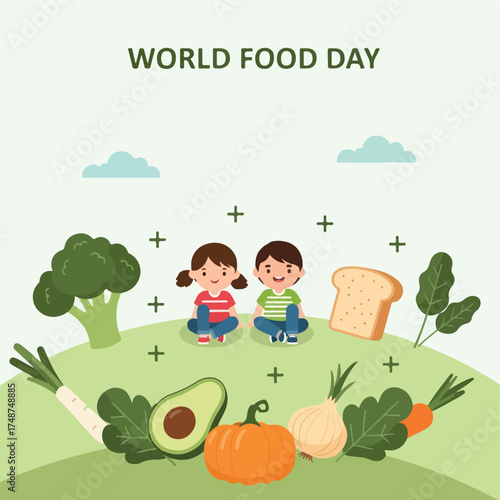 Illustration of two children sitting on a green hill surrounded by various fruits and vegetables celebrating World Food Day with a colorful and lively composition.