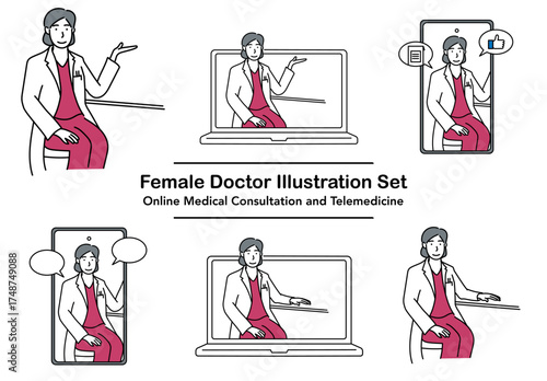 女性医師がパソコンやスマートフォンを通じて患者とオンライン診察を行う様子を描いたイラストセット｜遠隔医療やオンライン相談などデジタルヘルスケアの場面に使いやすいベクター素材