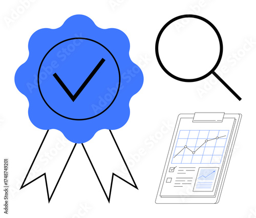 Blue badge with checkmark, magnifying glass, and clipboard displaying data chart and checklist. Ideal for quality control, certification, research, inspection, auditing, analytics simple flat