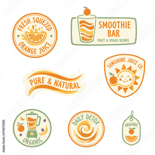 A collection of hand‑drawn watercolor labels and signs featuring orange juice and smoothies, plus vector illustrations suitable for graphic and web design in restaurants, bars, and menus