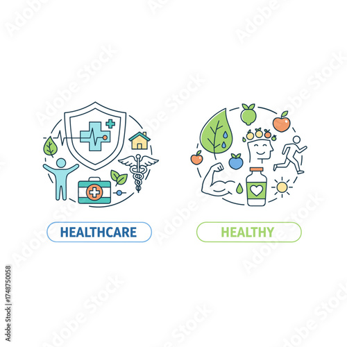 A collection of contemporary vector illustration concepts featuring the words “healthcare” and “healthy,” presented as thin‑line flat design banners suitable for both website and mobile website, easy