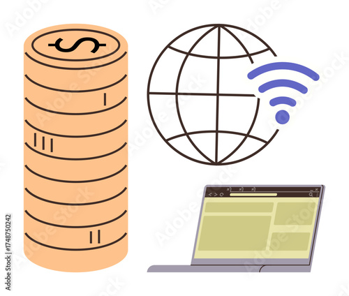 Stack of coins, a globe with a wireless symbol, and a laptop screen. Ideal for finance, technology, global networking, online transactions, freelancing, e-commerce digital transformation simple